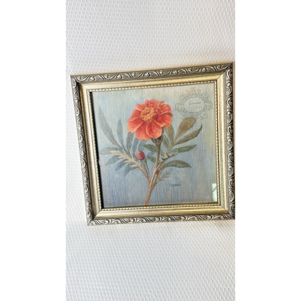 Classic Botanical DANHUI Signed Gold/Silver Decor Framed Red Zinnia Flower Print - Picture 2 of 3